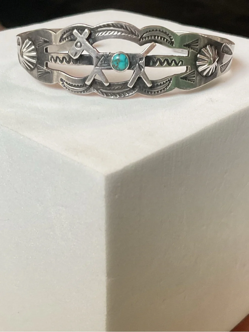 Vintage Sterling Silver Turquoise Native American Cuff Bracelet Artisan Signed